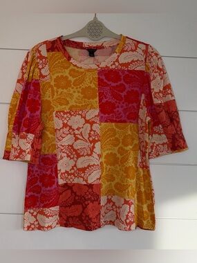 ANN TAYLOR Large Patchwork Floral Elbow Sleeve Top Boho Chic Quiltcore Retro GUC